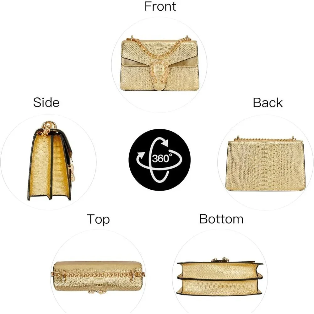 ⚡ Women's Leather Vintage Snake Print Crossbody Gold Square Satchel Handbag